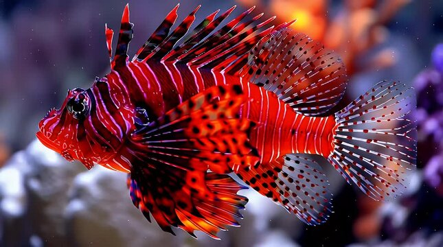 Stunning Lionfish Portrait - Vibrant Red and White Tropical Fish Swimming in a Dark Coral Reef Environment Underwater Wildlife Photography