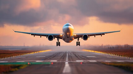 Naklejka premium velocity. Commercial jet ascending through cloudy golden hour sky, wing visible, dramatic sunlight shadows. mobility guides, transit brochures, designed for transport & logistics marketing.