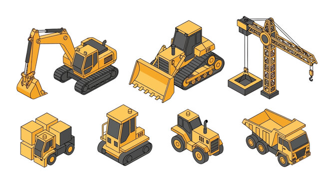Isometric Construction Vehicles and Heavy Machinery Set.
