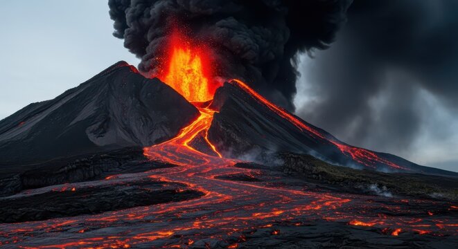 Intense volcanic eruption spews glowing lava and towering smoke into the atmosphere