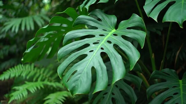 A large, green, tropical plant leaf with distinctive holes and natural patterns, set against a blurred background of foliage