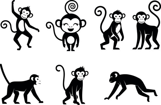 Set of Black Silhouette Monkeys in Various Poses for Jungle and Animal Illustrations