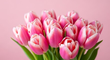Fototapeta premium Close-up of a bouquet of pink and white tulips on a matching pink background