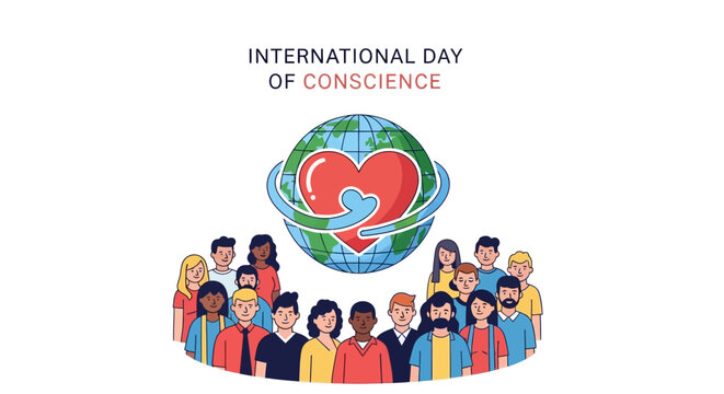Illustration of diverse people standing around the globe with a heart, promoting global conscience awareness and peace on International Day of Conscience.