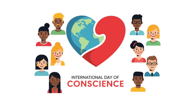 Illustration of diverse people around a heart with Earth, symbolizing global conscience awareness and peace on International Day of Conscience with a flat design.