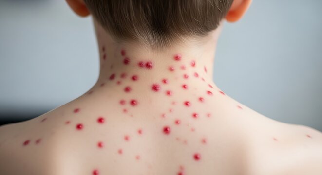 Close-up of a child's neck and back with red, raised skin bumps, likely caused by a disease
