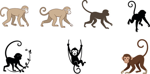 Fototapeta premium Set of Cartoon Monkeys in Various Poses and Styles for Jungle and Animal Illustrations