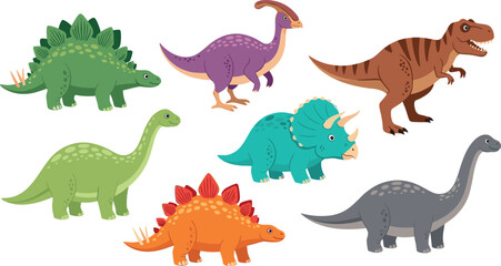 Set of Colorful Cartoon Dinosaurs Including Stegosaurus, Triceratops, and T-Rex for Kids and Animal Illustrations © MdMojnu