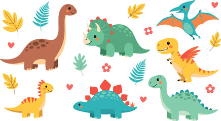 Set of Colorful Cartoon Dinosaurs with Hearts, Flowers, and Leaves for Kids and Animal Illustrations © MdMojnu