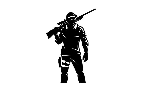 Standing tactical marksman silhouette with rifle clean minimal black vector isolated on white