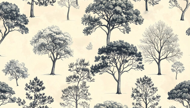 Ink illustration of various trees in black and white against light background