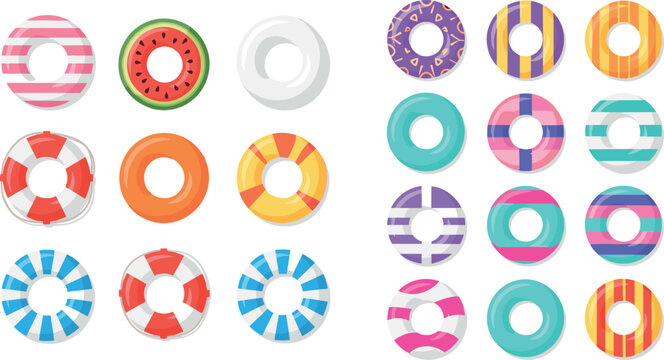Set of Colorful Inflatable Pool Floats in Various Designs for Summer and Vacation Illustrations