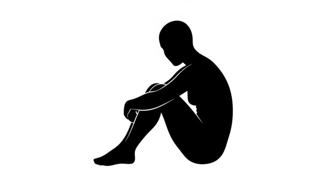 A stark silhouette depicting a person curled up in a vulnerable and introspective posture, conveying feelings of sadness, loneliness, or deep contemplation, isolated on a clean white background