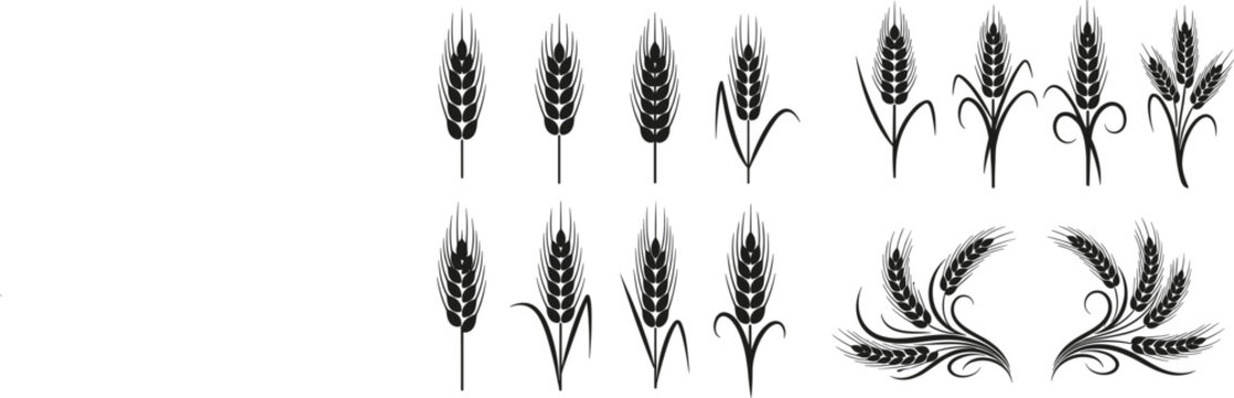 Elegant Wheat Silhouette Set with Varied Designs for Agricultural and Nature-themed Illustrations
