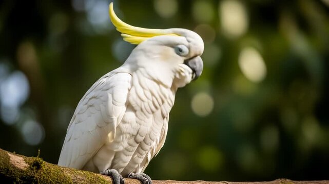 A white parrot with a vibrant yellow crest perched on a mossy branch