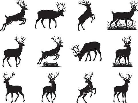 set of deer silhouettes in various poses vector illustration