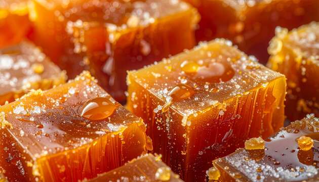 Close up of golden caramel candies sweet dessert food photography