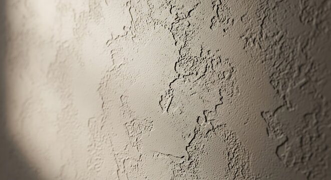 Close-up of textured plaster wall with dramatic side lighting casting shadows and highlights