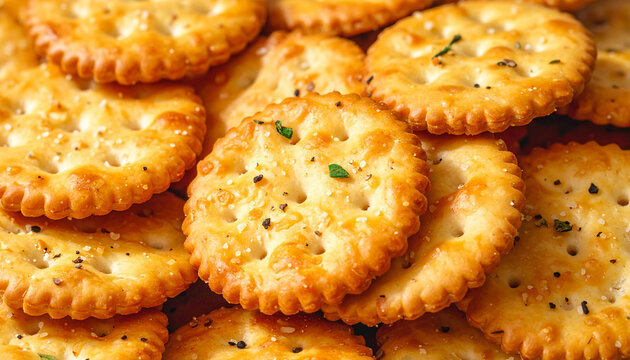Close up of golden crackers with texture detail and seasoning food photography