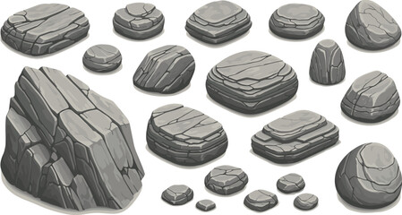 Stylized gray rocks in varied shapes and sizes with layered textures, angular and rounded forms for digital art © MdMojnu