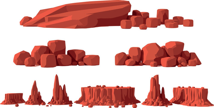 Stylized low‑poly red rock formations with angular blocks, rounded boulders, mesas and spires for digital landscapes