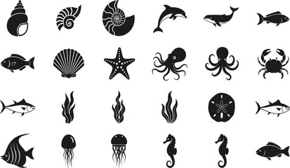 Sea animals silhouettes set including fish octopus dolphin shells and jellyfish isolated on white background, marine life vector illustration collection © MdHabibur