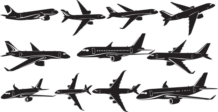 Collection of airplanes in various flying positions and angles