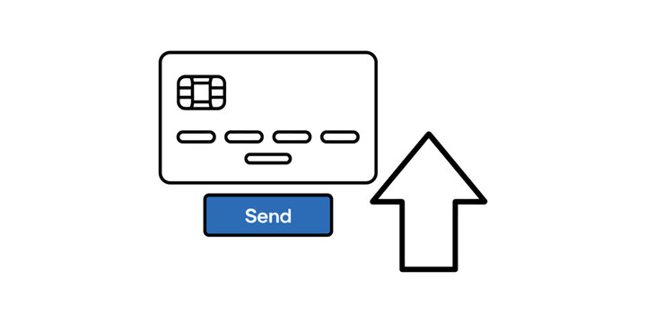 Credit card with send button and upward arrow payment transaction in white background