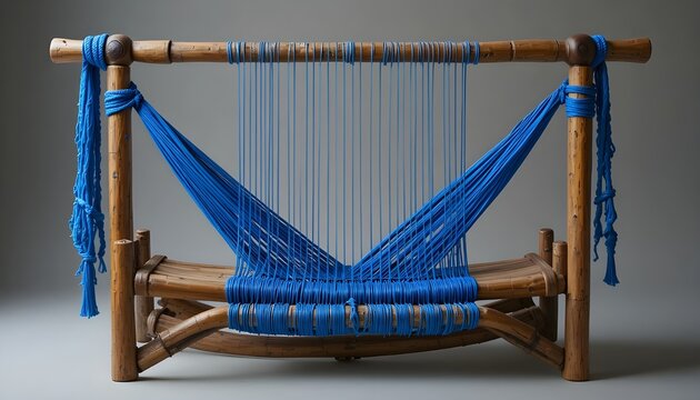 Traditional wooden charpai with blue rope weaving, minimal background