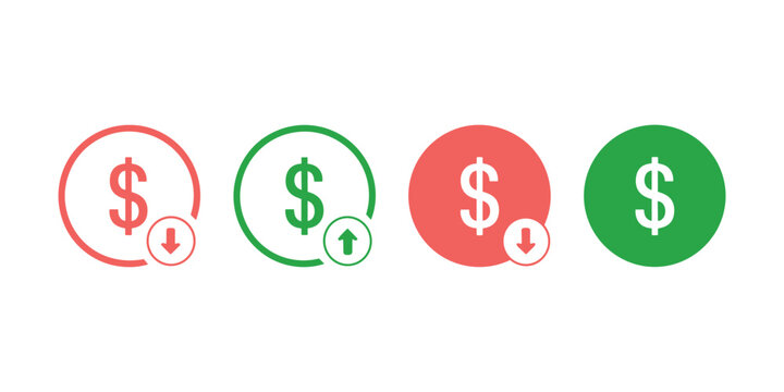 Four colored dollar sign with arrows indicating increase and decrease green white finance in white background