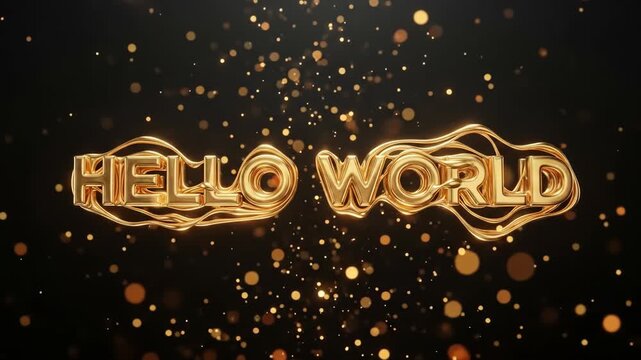 A shiny golden 'HELLO WORLD' text with a 3D effect on a dark background with golden particles