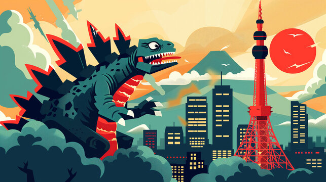 Retro-styled Godzilla monster attacking modern city skyline near red sun and mountains in Japan