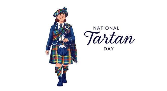 Vector illustration of a man in traditional Scottish Highland dress playing bagpipes on National Tartan Day with a tartan pattern and Celtic culture concept.