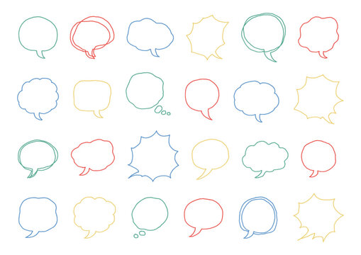 シンプル・もこもこ・ギザギザなど様々な形をした明るい色合いの手描きの吹き出しセット（背景透過）