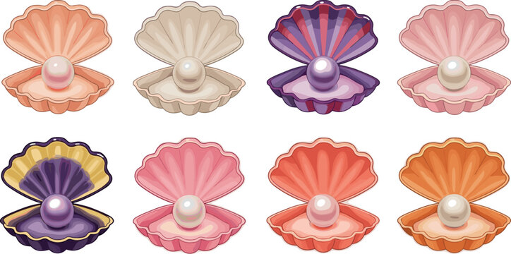 Vibrant pearl oyster shells collection with colorful open scallop designs isolated decorative marine vector set