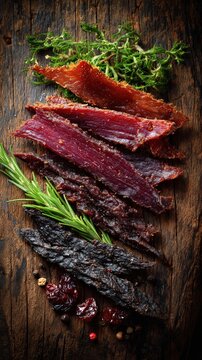 Close up of assorted beef jerky slices on rustic wooden board with spices. High protein snack concept for camping, road trip, keto diet and game day.