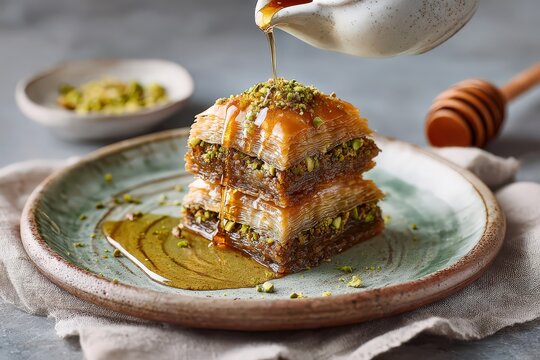 Baklava with Honey Drizzle and Pistachios
