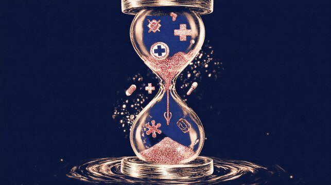 Shattered hourglass releasing medical symbols into an early treatment vortex.