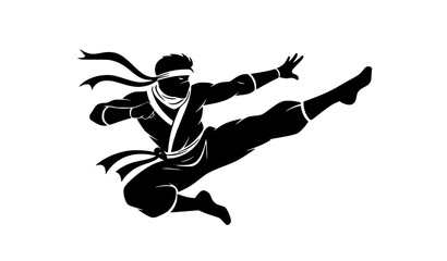 Jumping male ninja silhouette performing high kick dynamic action vector isolated on white © Md Humaun
