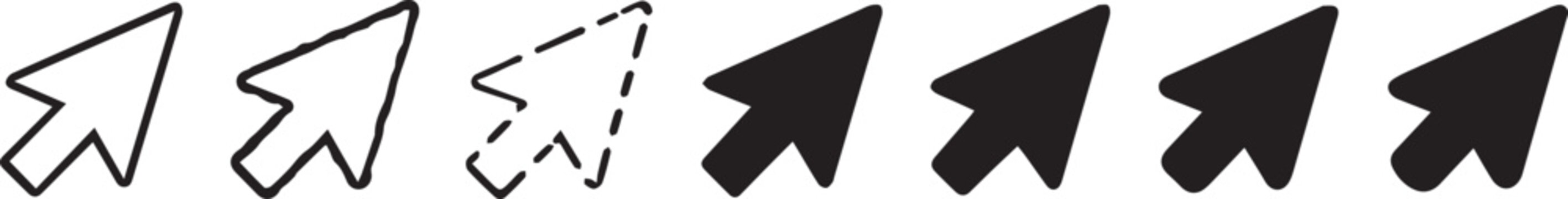 Seven diverse mouse cursor arrow icons for user interface design and web development