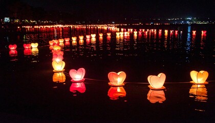 Floating lanterns illuminate the night water with heart shapes. © junart