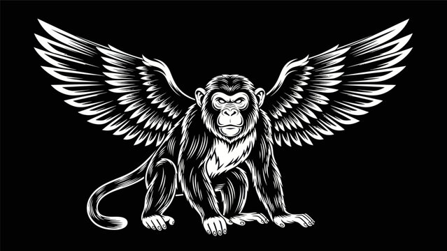 Winged monkey illustration on black background