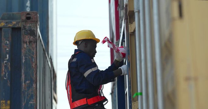 Two container yard technicians inspect shipping container doors, supporting preventive maintenance, safety compliance, damage assessment, cost control, and reliable freight operations.
