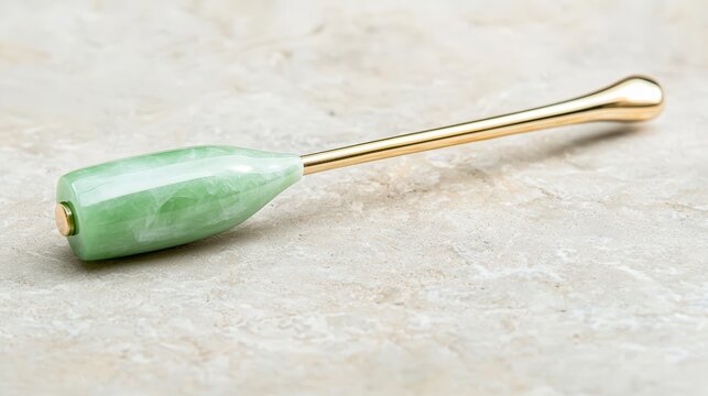 A close-up of a jade roller rolling smoothly over a smooth stone surface