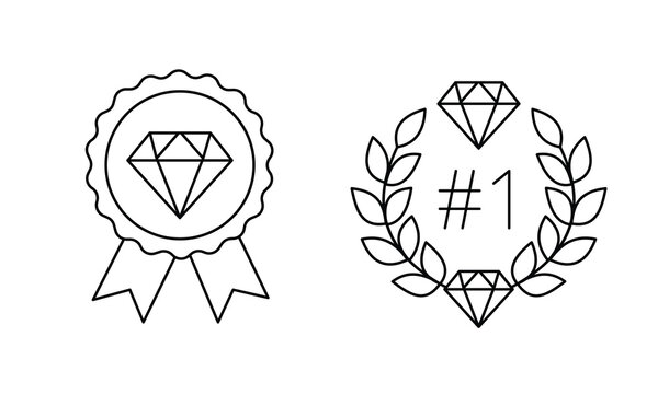 Diamond medal and laurel wreath with number one icon for premium quality and first place award.Editable stroke, Vector illustration, Line art Icon, Symbols.