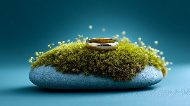 Close-up of a high-end camera and a smart ring resting on a mossy rock, deep teal and blue tones, soft bokeh