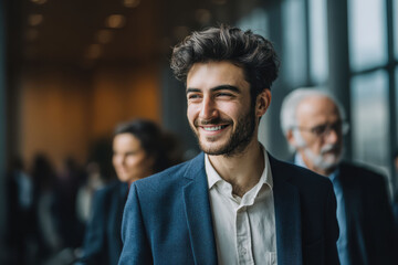 Obraz premium A confident business leader stands proudly before a diverse team in a modern office, capturing the strength and unity of a dynamic startup environment.
