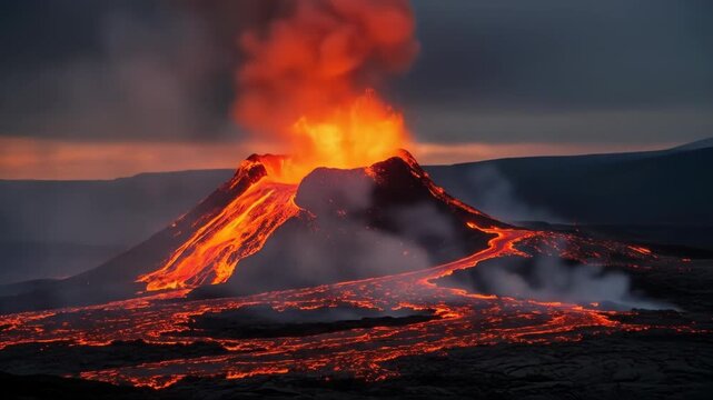 A large volcano erupting with lava and smoke rising into the air