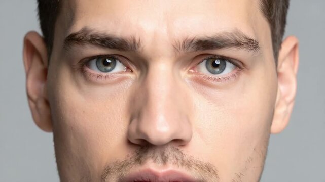 Close-up portrait of a serious young man with blue eyes and stubble
