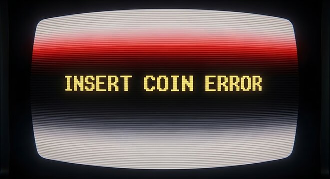 Retro arcade machine error message 'insert coin error' on screen.
